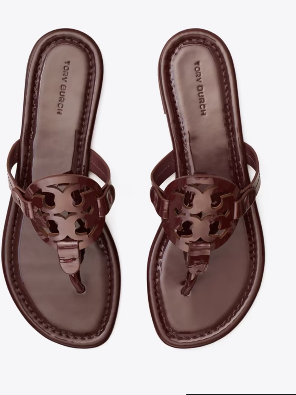 Tory Burch Patent Leather Miller Thong Sandals in Merlot